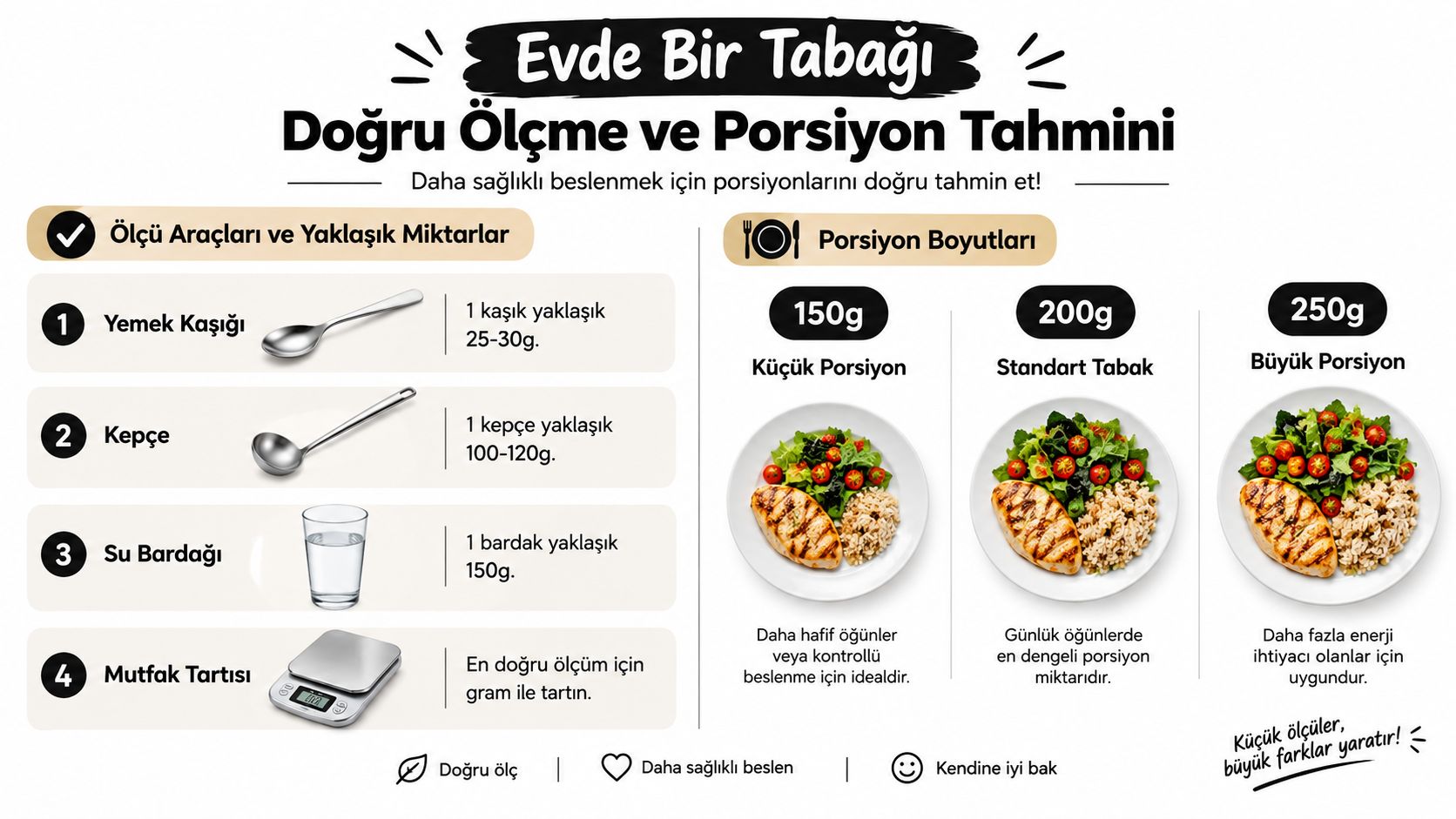Evde sağlıklı beslenme için porsiyon kontrolü ve yemekleri doğru ölçme yöntemlerini gösteren bilgilendirici infografik görseli.
