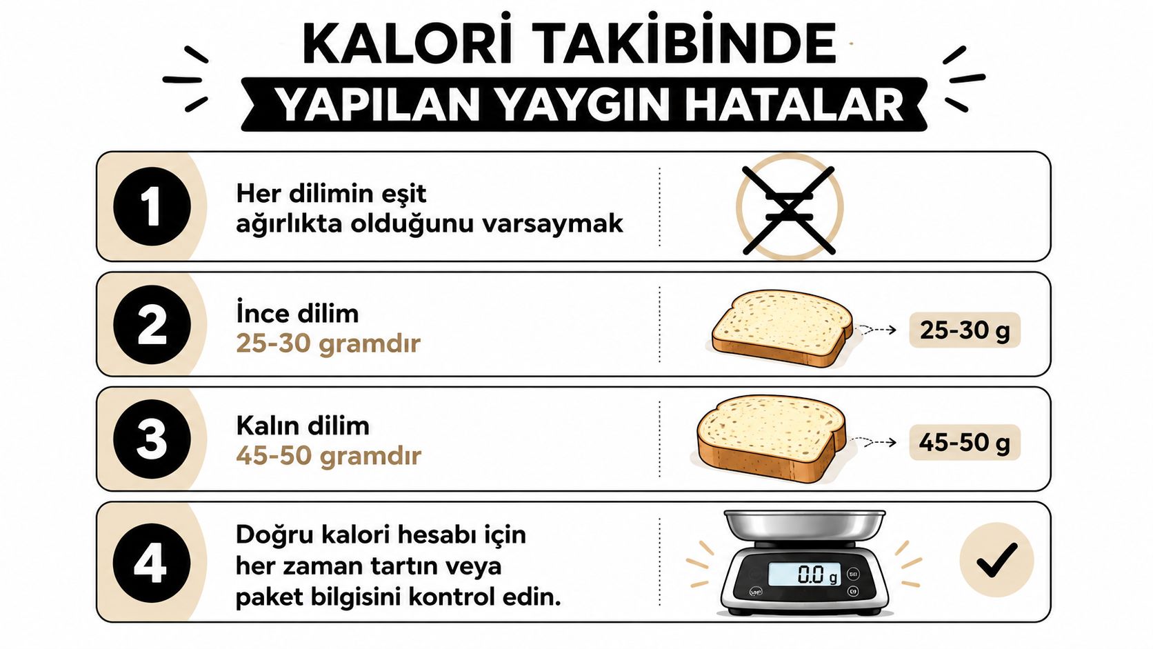 Ekmek dilimlerinin ağırlık farklarını gösteren ve doğru kalori takibi için tartı kullanımını öneren eğitici bir görsel.