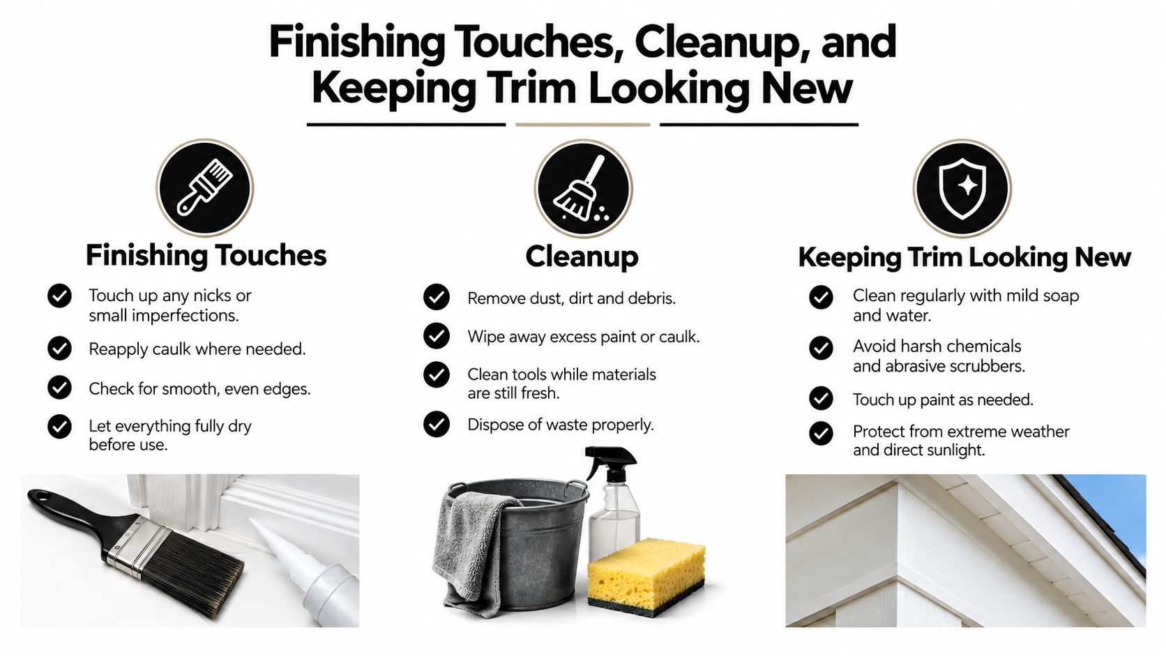 An instructional infographic detailing the steps for finishing touches, cleanup, and maintaining trim for home renovation projects.