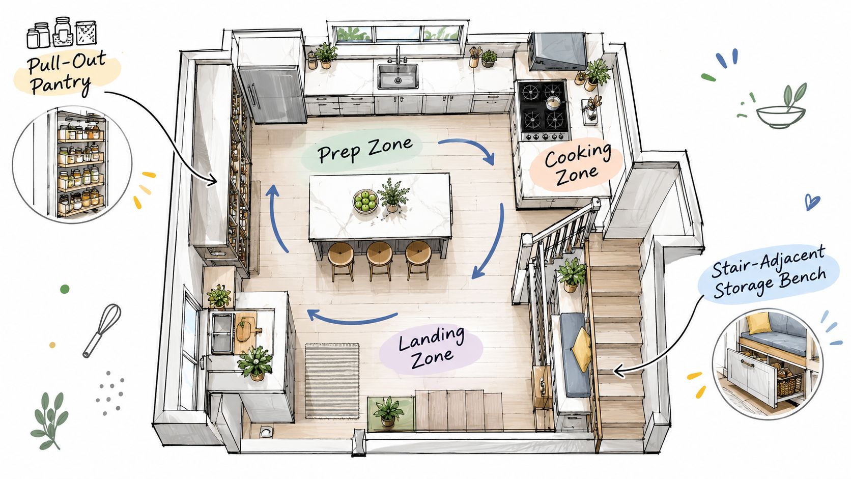 A detailed 3D floor plan layout of a modern kitchen with prep, cooking, and landing zones.
