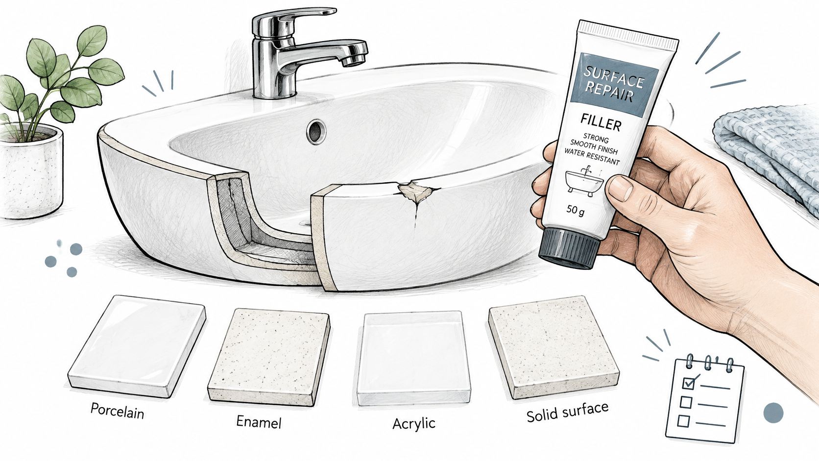 A hand holds a tube of surface repair filler next to a cracked bathroom sink with material samples.