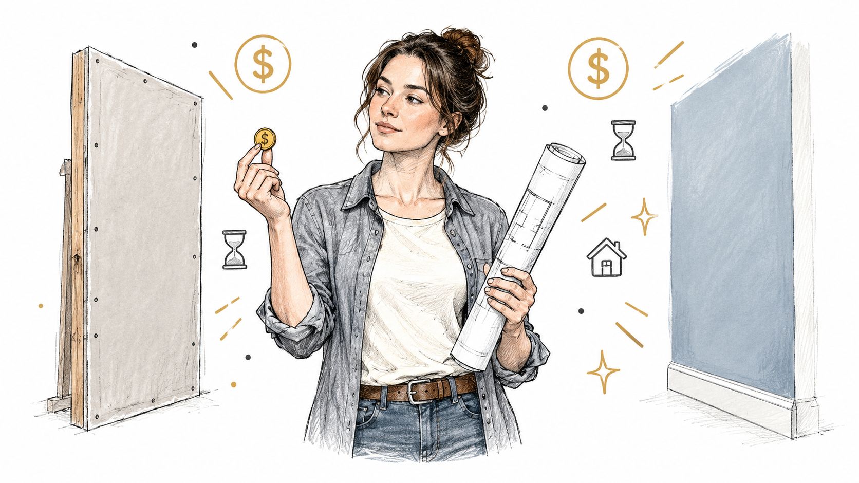 A woman architect comparing a raw drywall panel with a finished blue wall while holding blueprints and money.
