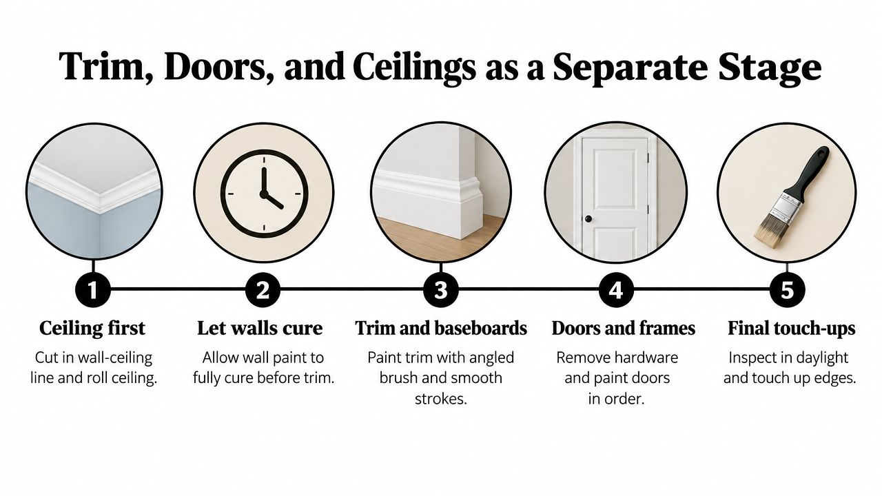 A step-by-step infographic illustrating the professional sequence for painting ceilings, trim, and doors in a room.