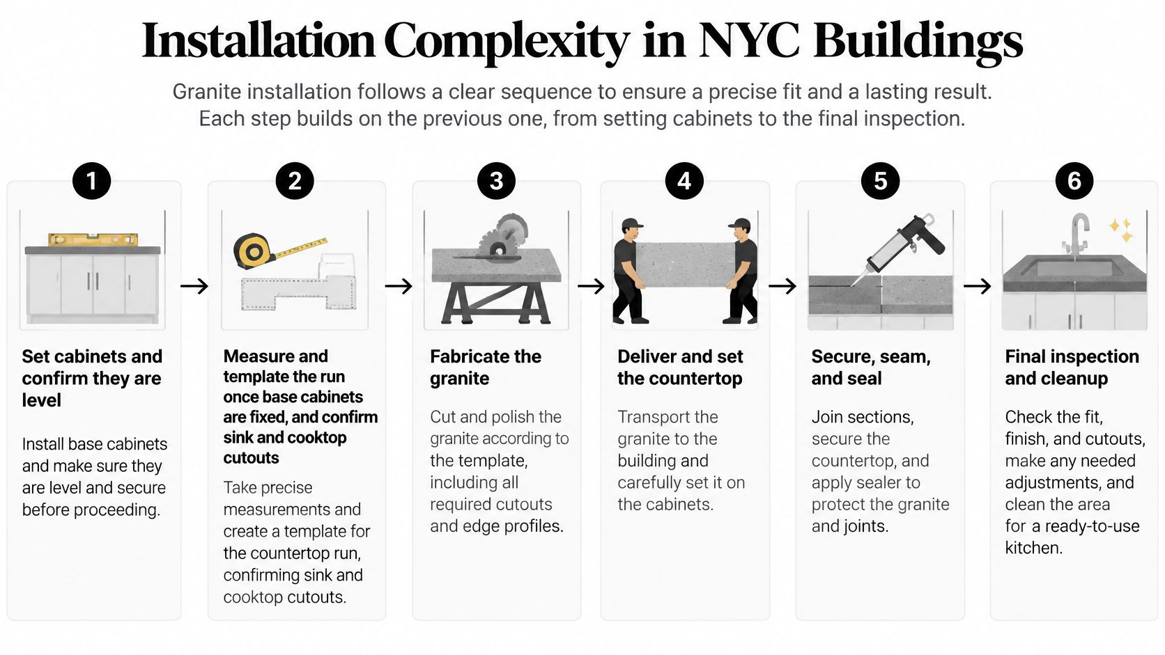 A six-step infographic illustrating the professional granite countertop installation process for New York City building projects.