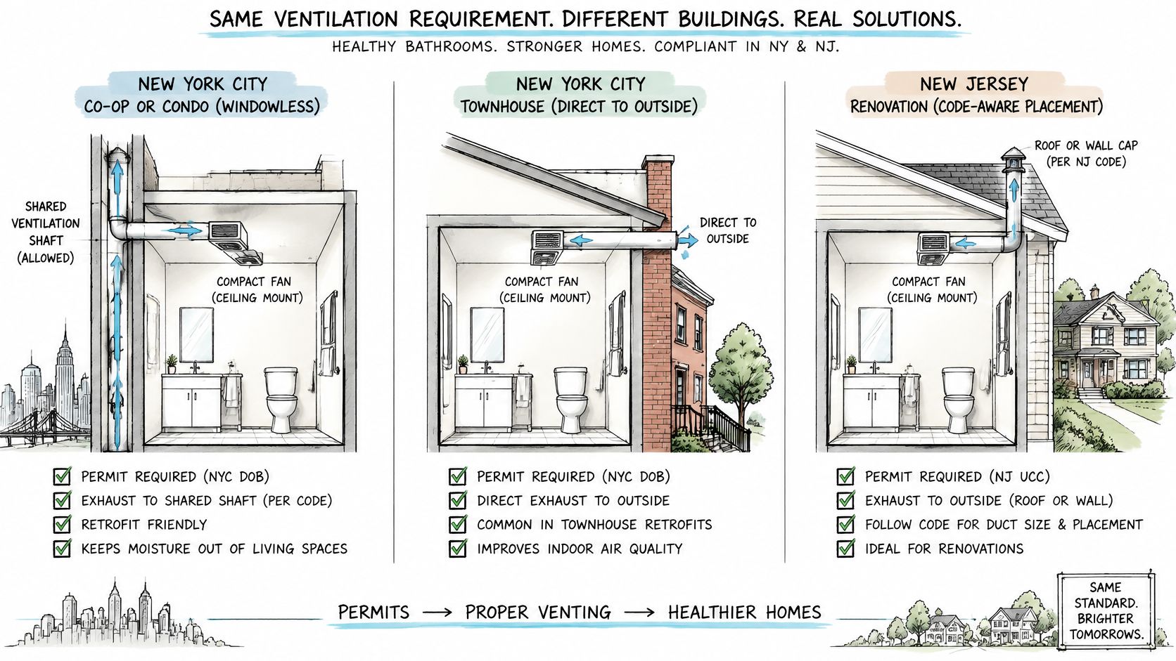 An infographic illustrating bathroom ventilation requirements for different building types in New York and New Jersey.
