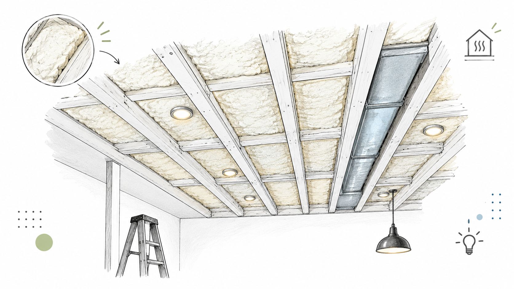 A detailed illustration showing a basement ceiling being insulated with spray foam between the wooden joists.