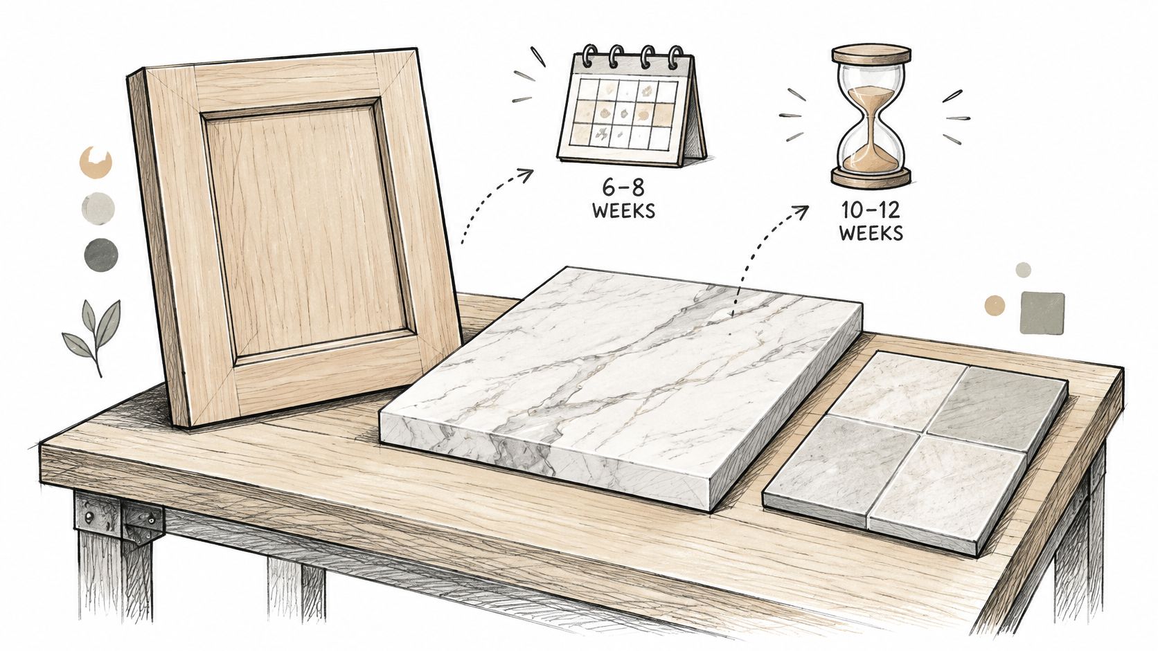A digital illustration showing a wooden cabinet door, a marble slab, and tiles on a workbench.