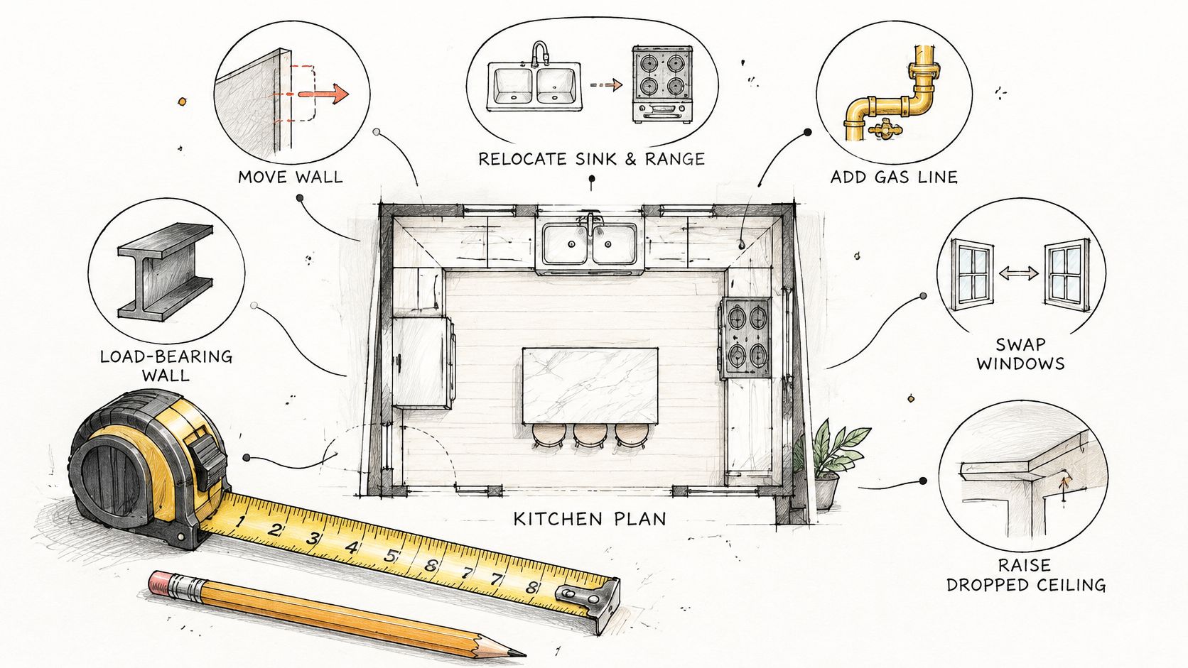 A hand-drawn sketch of a kitchen renovation plan featuring tools and callouts for various home improvement tasks.