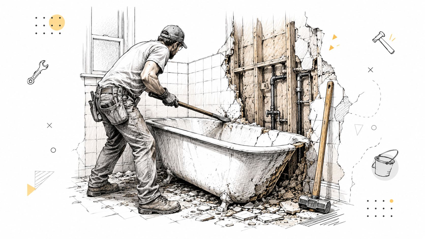 A professional construction worker uses a sledgehammer to demolish an old bathtub during a bathroom remodeling project.