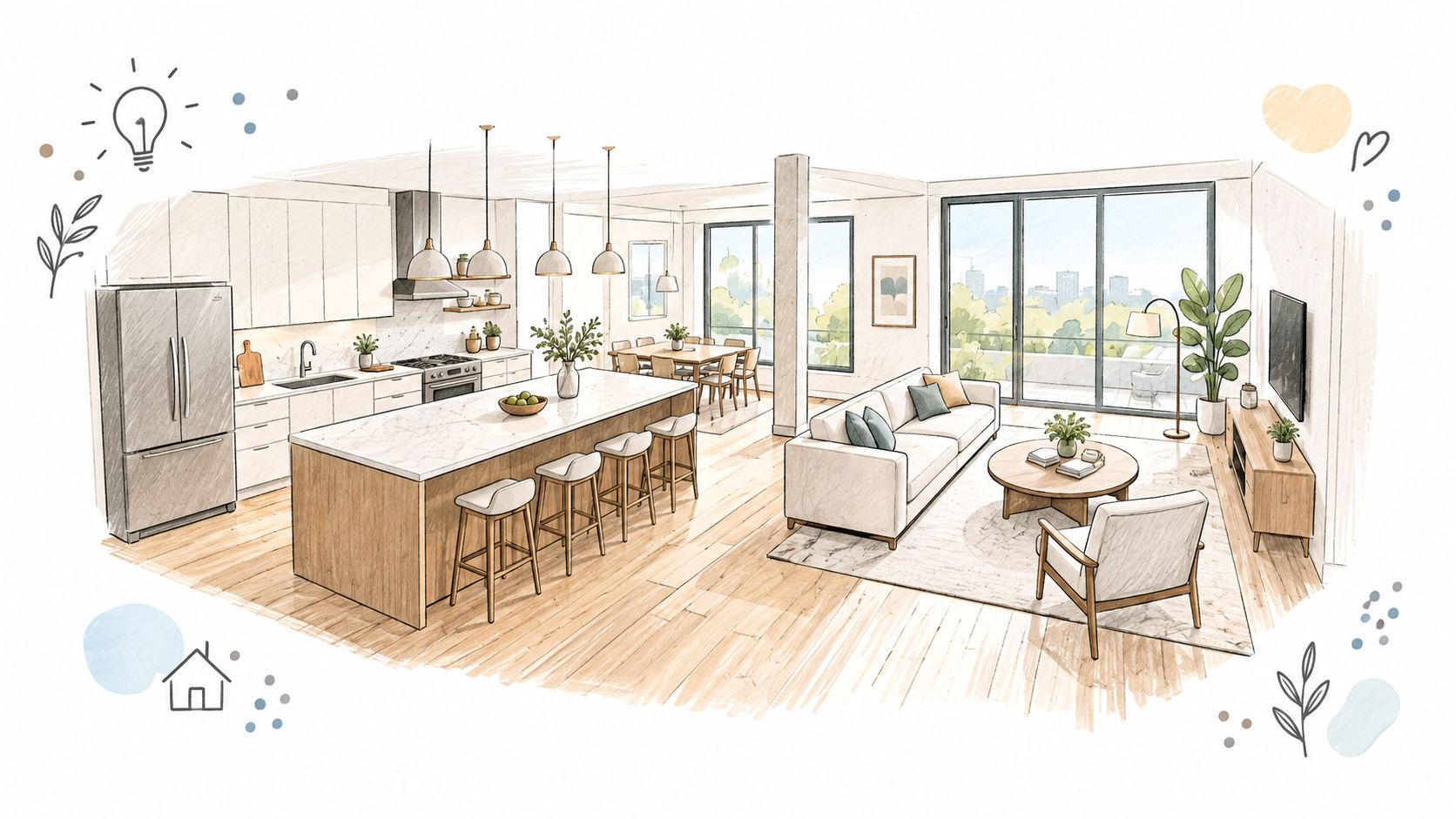 A professional digital sketch of a modern open-concept kitchen and living room featuring bright, airy home decor.