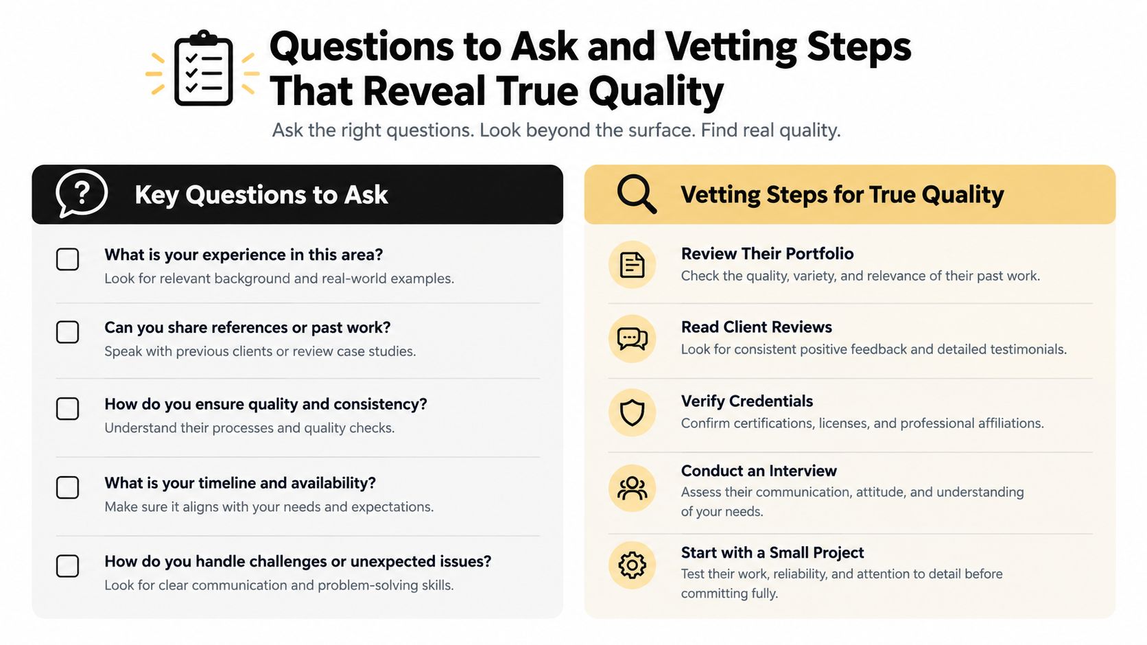An infographic displaying essential questions and vetting steps to identify high-quality professional service providers.