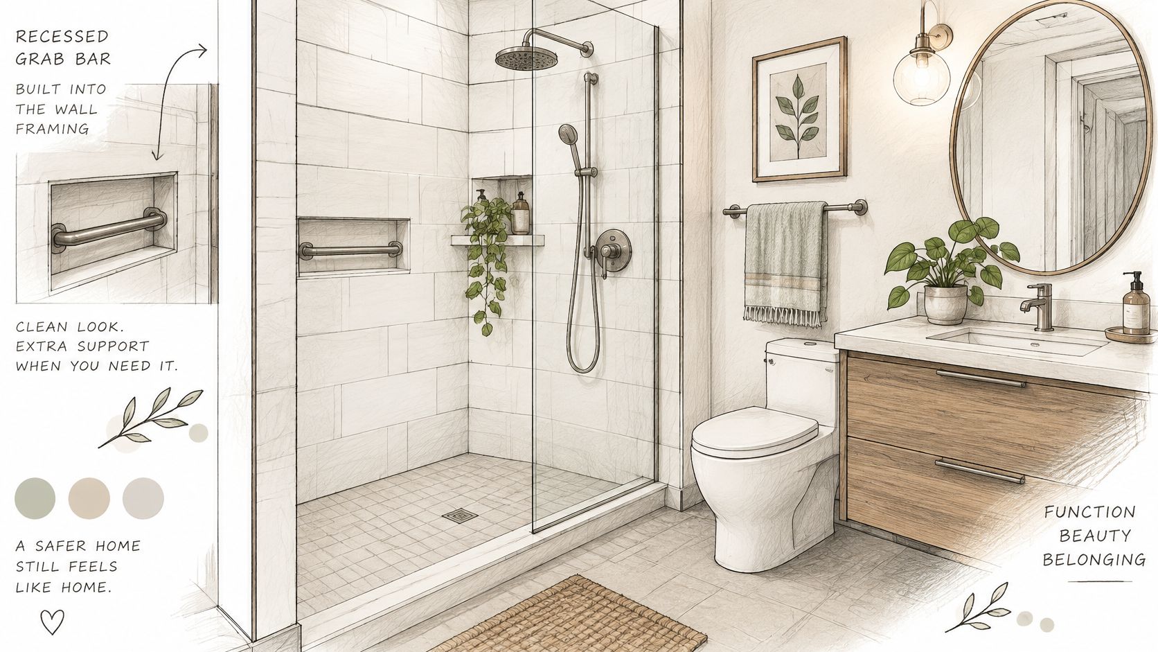 A modern bathroom sketch featuring a walk-in shower with a recessed grab bar, vanity, and toilet.