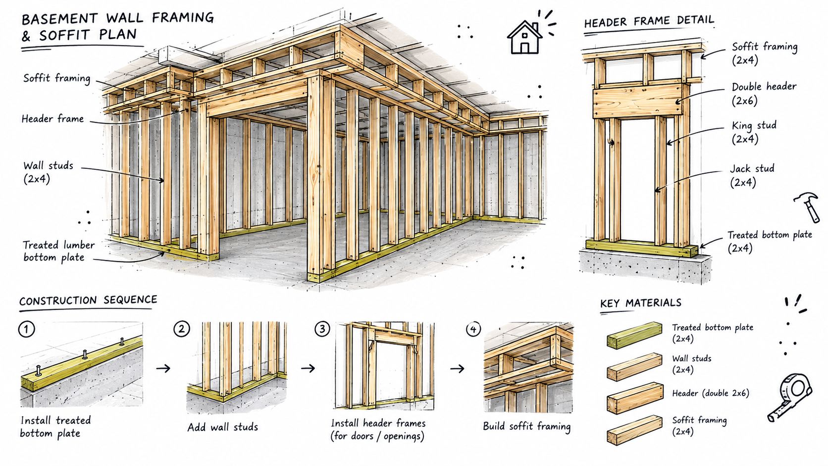 A detailed technical illustration showing the framing process for a basement wall, including studs, headers, and soffits.
