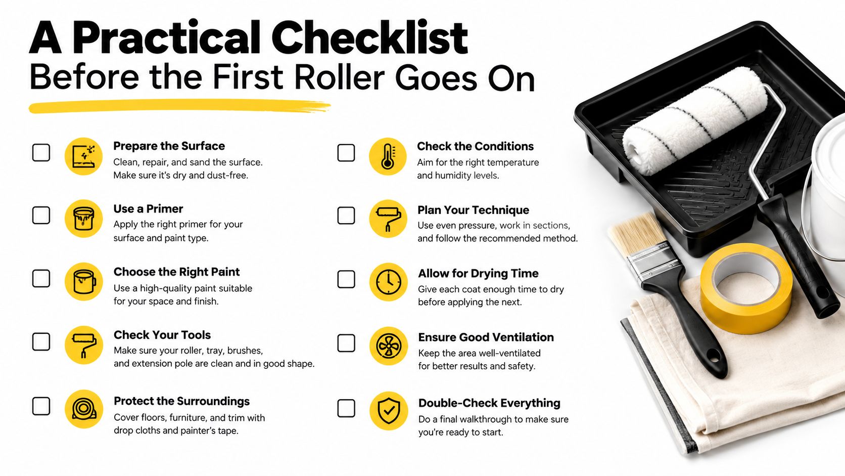 A checklist for painting preparation featuring icons and painting tools like brushes, rollers, and masking tape.