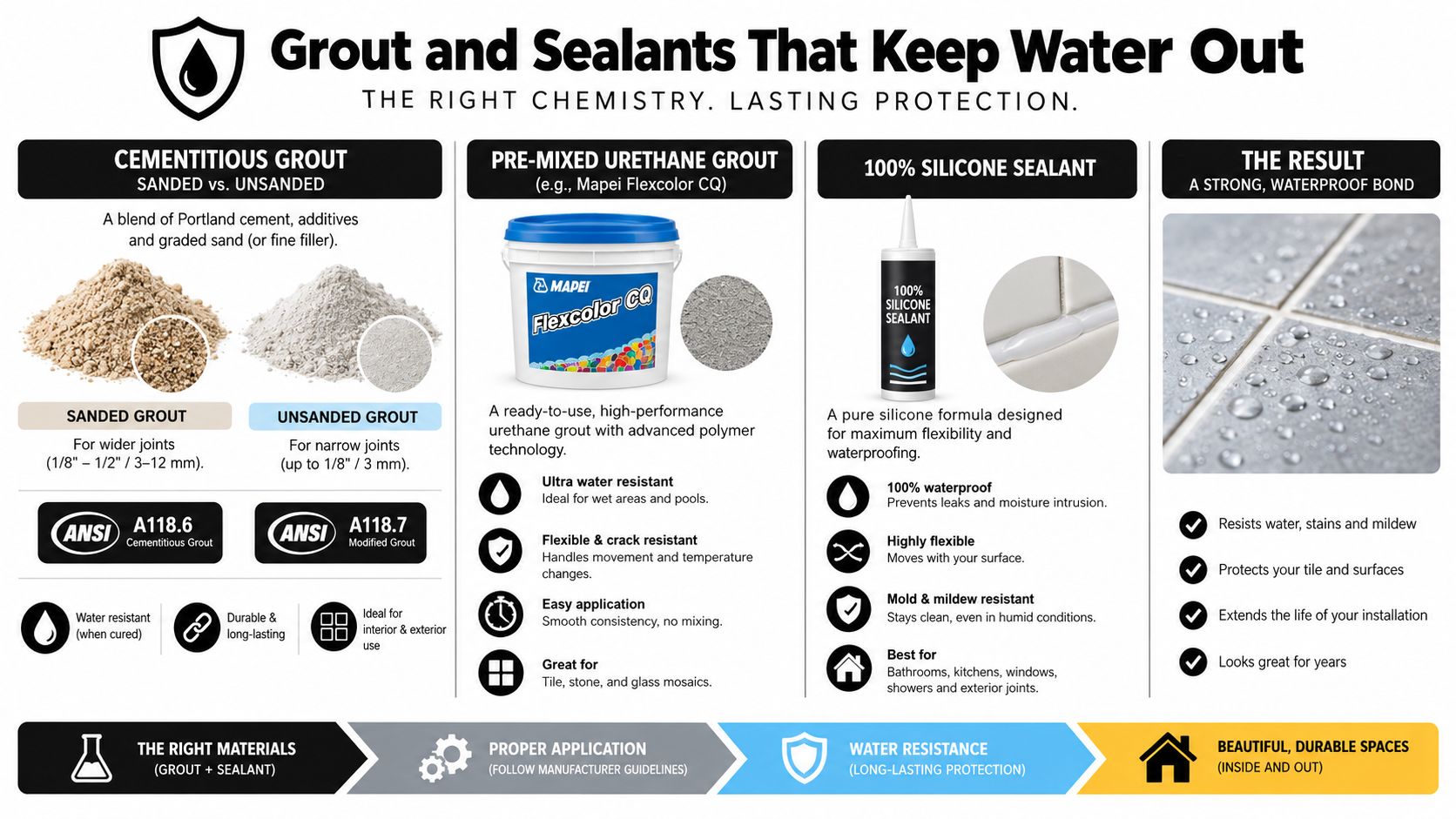 An infographic comparing different types of bathroom renovation materials including cementitious grout, urethane grout, and silicone sealant.