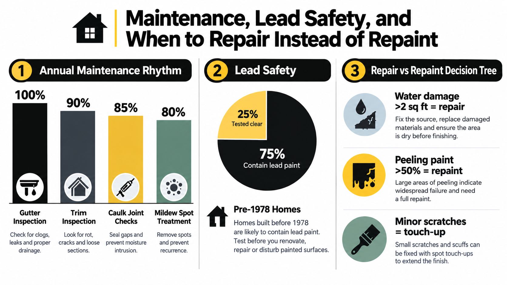 An infographic detailing home maintenance routines, lead safety in older homes, and painting repair guidelines.