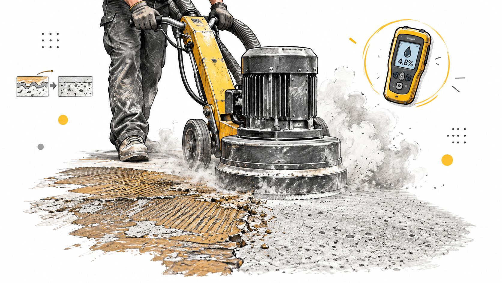 A professional construction worker uses a heavy-duty floor grinder to polish and smooth concrete basement flooring.