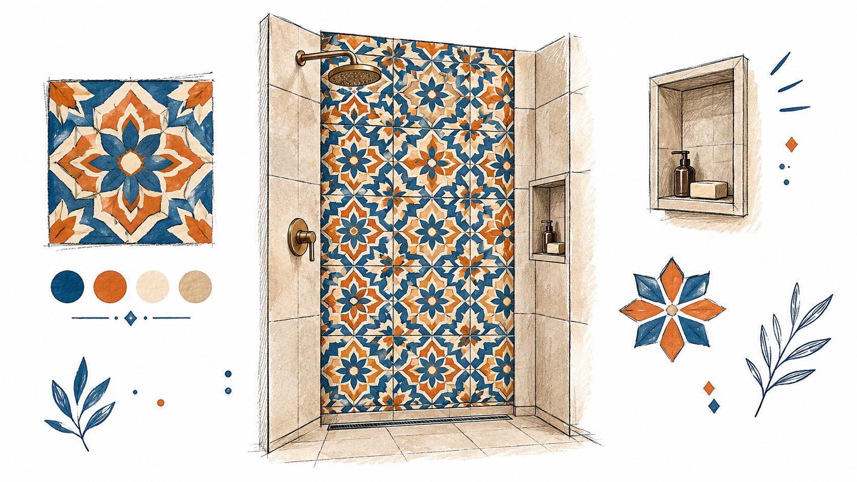 A detailed bathroom renovation design sketch featuring vibrant patterned wall tiles with blue and orange floral motifs.