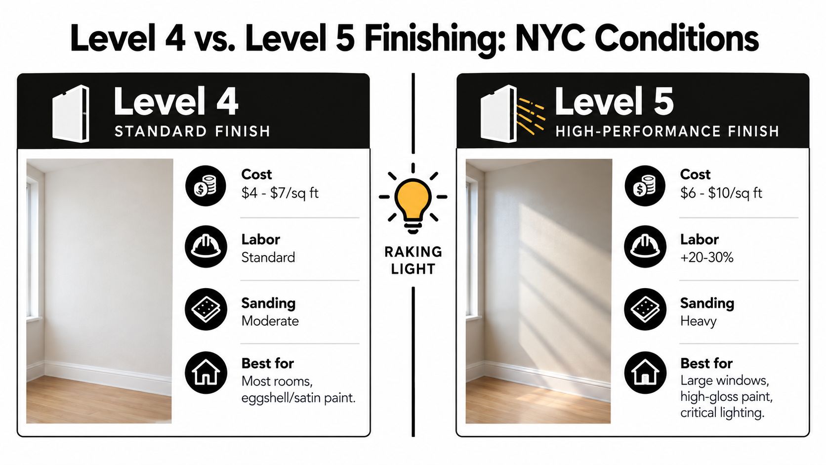 A comparison chart showing the differences between drywall level 4 and level 5 finishing costs and requirements.