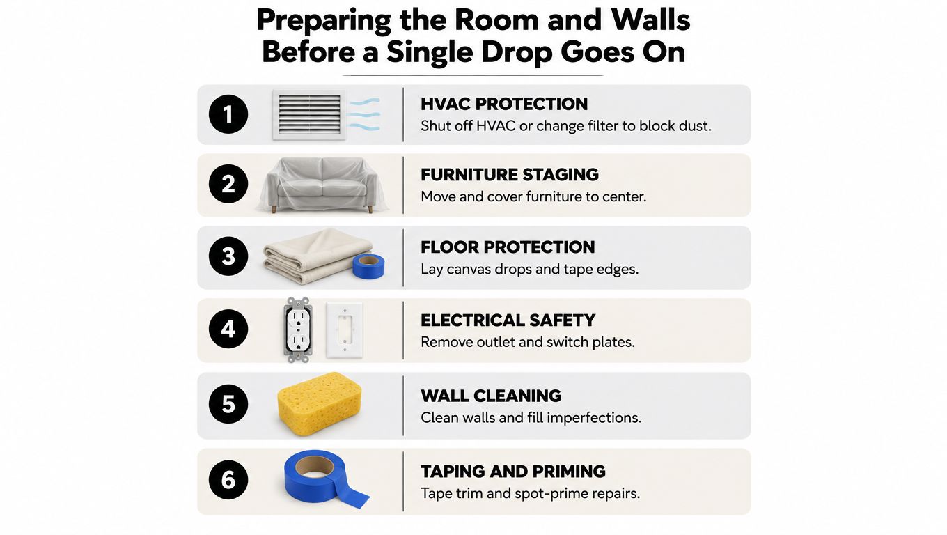 A step-by-step infographic showing six essential preparations for a room before starting an interior painting project.