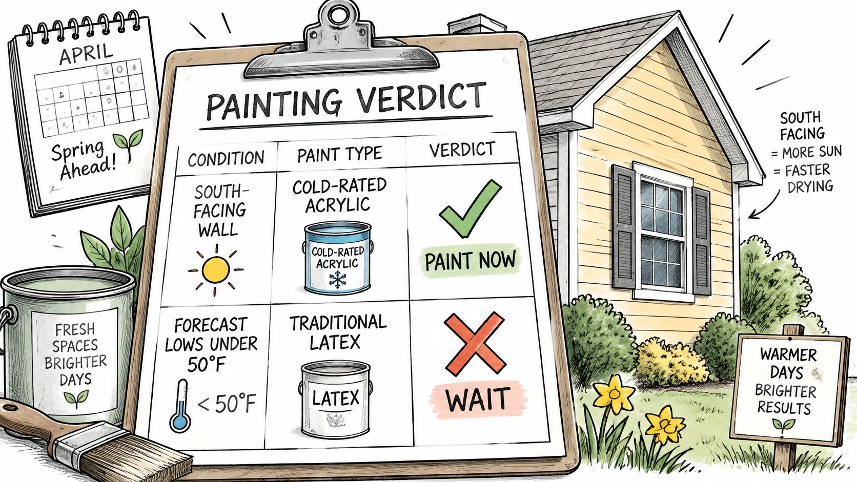A clipboard showing a painting verdict chart for exterior surfaces during cold spring weather conditions.