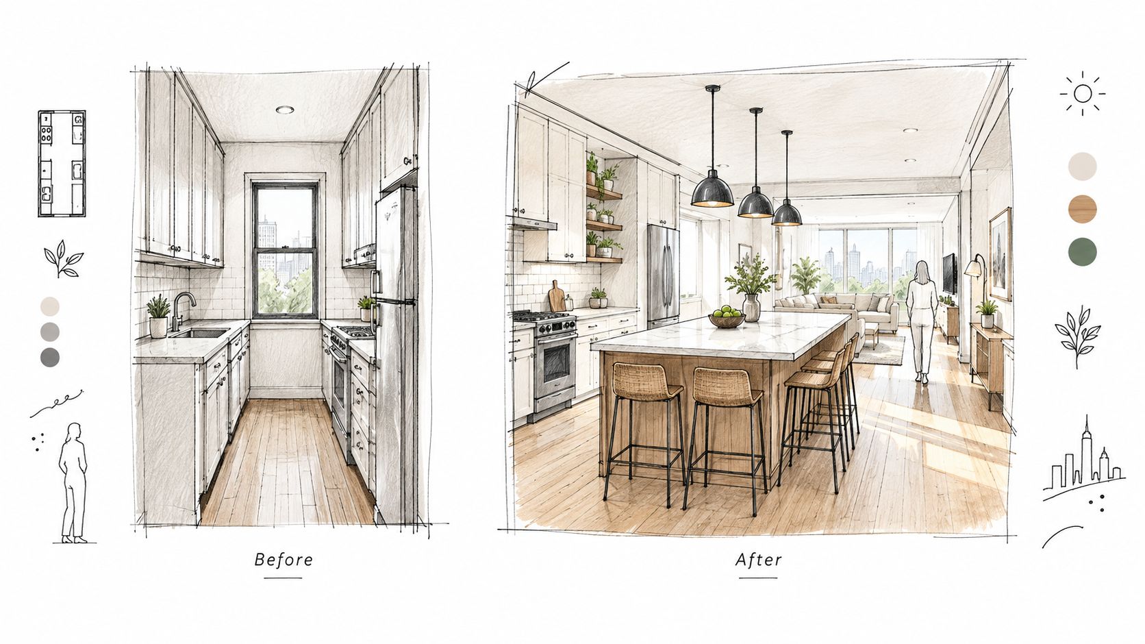 A split-screen sketch comparing a narrow, outdated kitchen before renovation and an open, modern concept after.