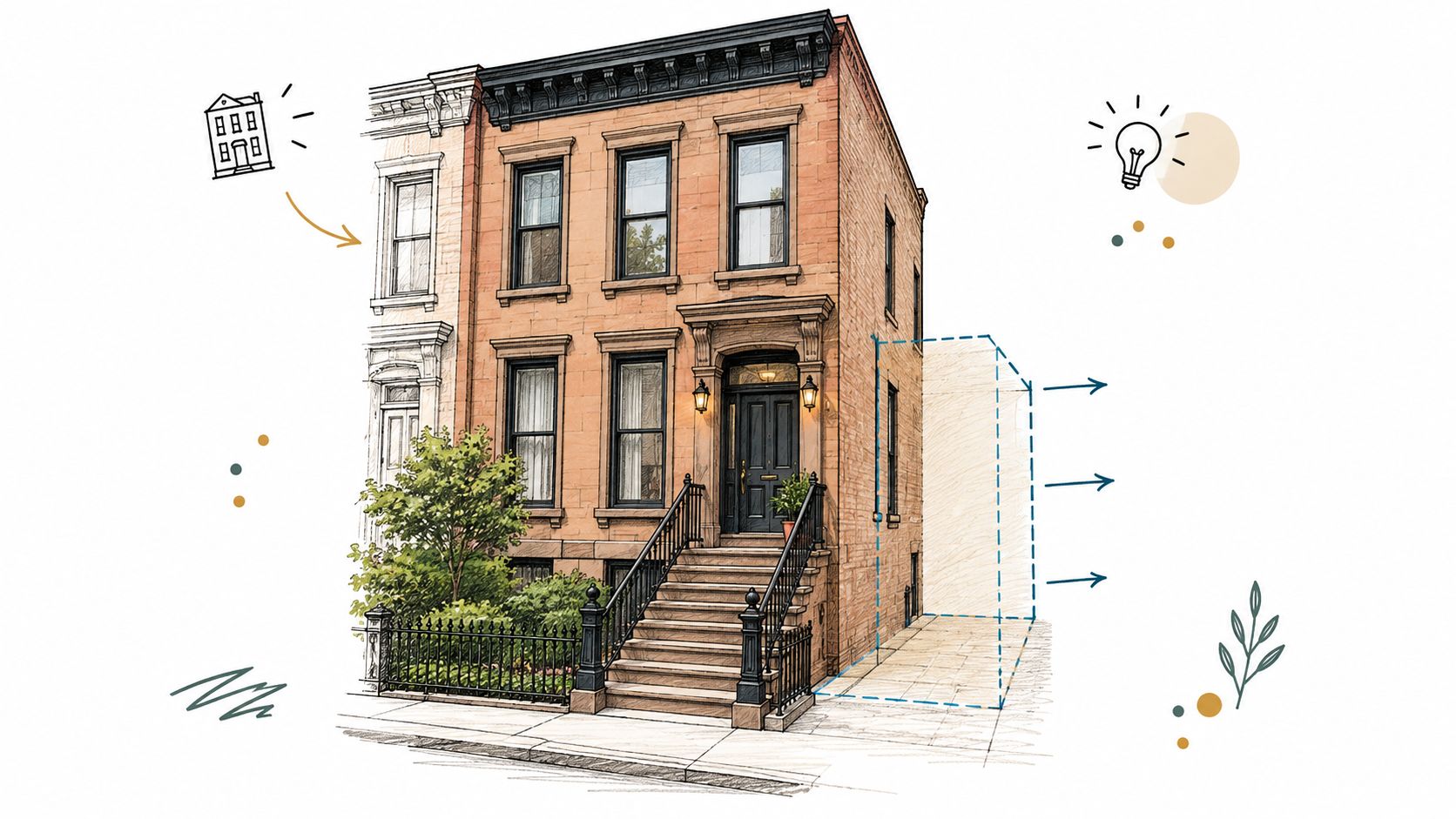 A digital illustration showing a brownstone home addition concept with a bump out architectural extension.
