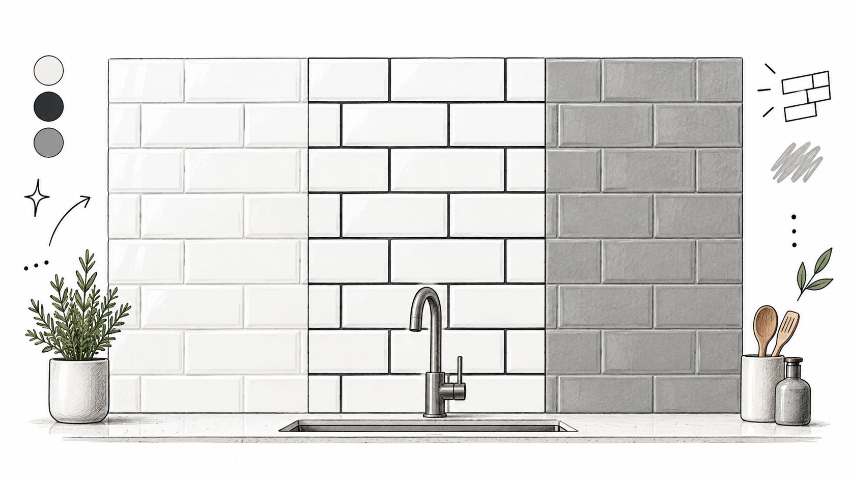 A digital illustration showing a kitchen backsplash design with white and gray subway tiles near a sink.
