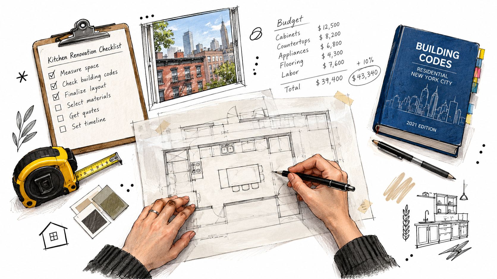 A professional designer drawing kitchen renovation plans on a desk with a budget list and tools.