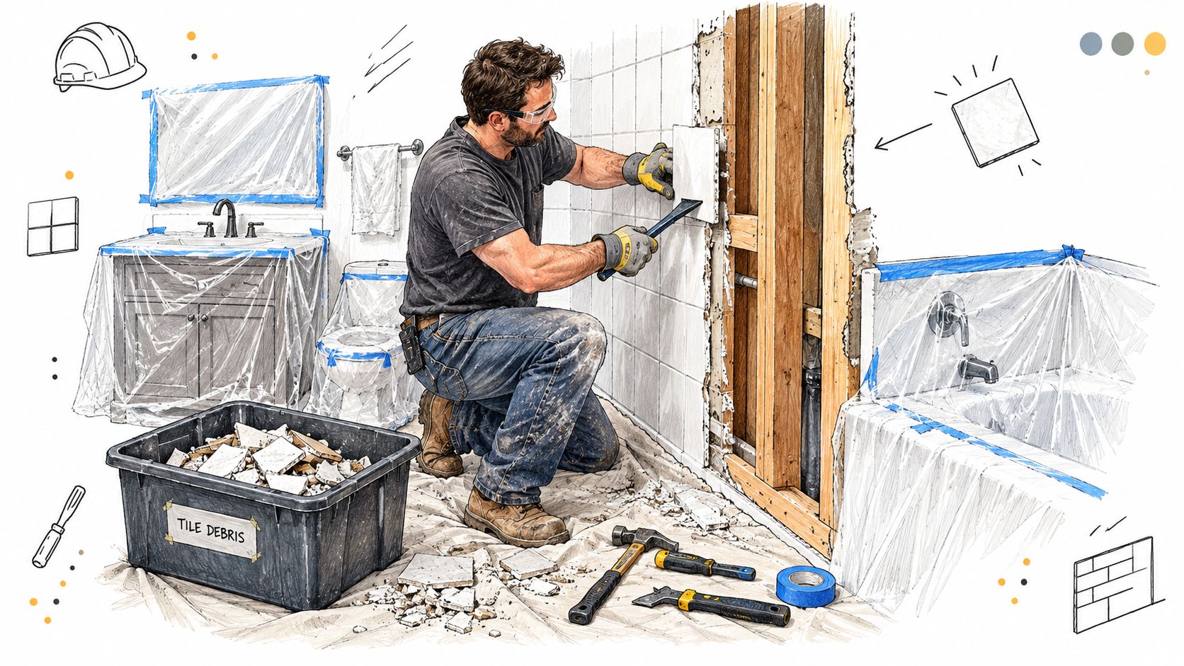 A professional construction worker in a bathroom performing tile demolition and renovation tasks wearing safety gear.