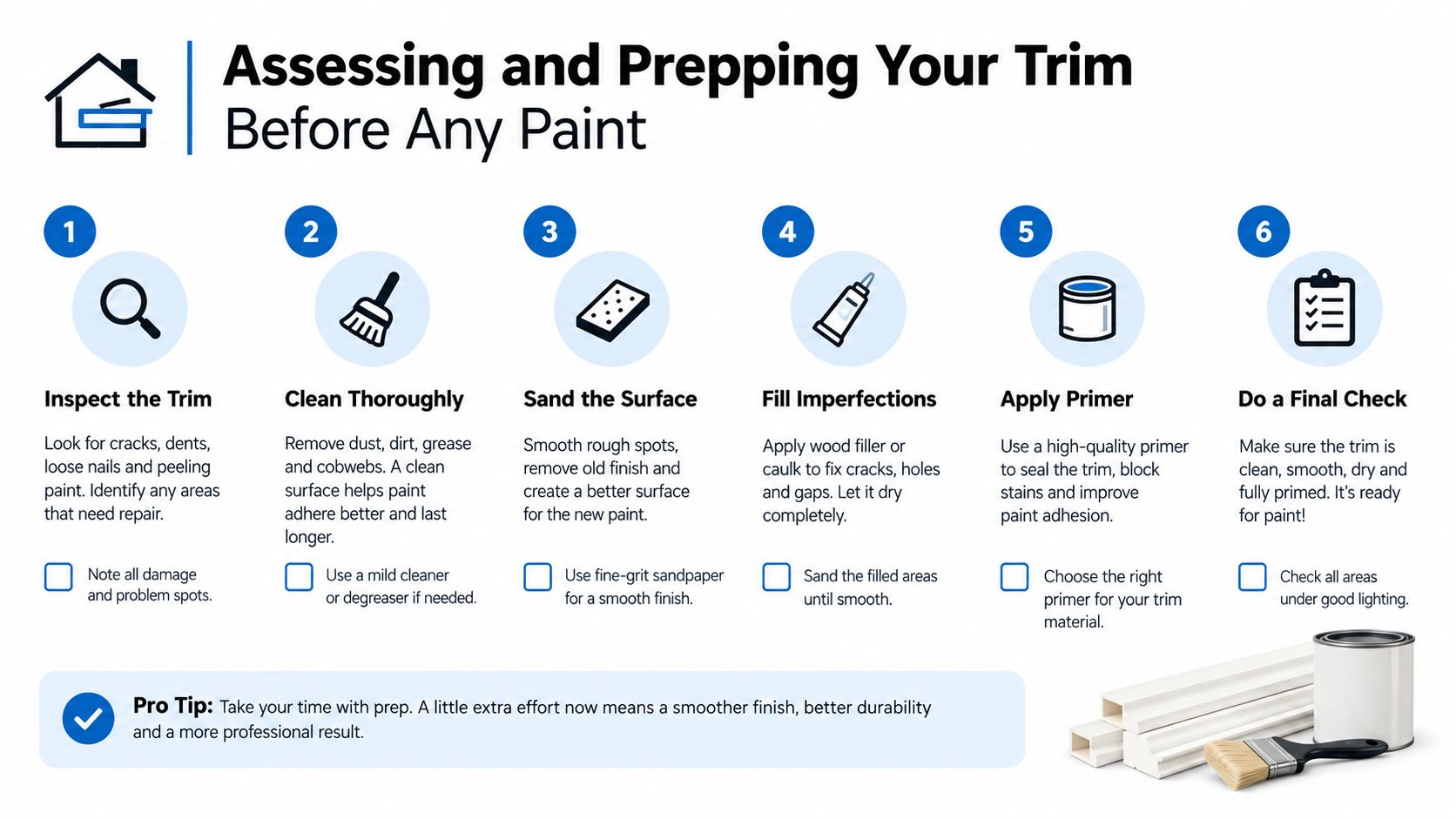 A step-by-step infographic titled Assessing and Prepping Your Trim Before Any Paint with six illustrated instructions.