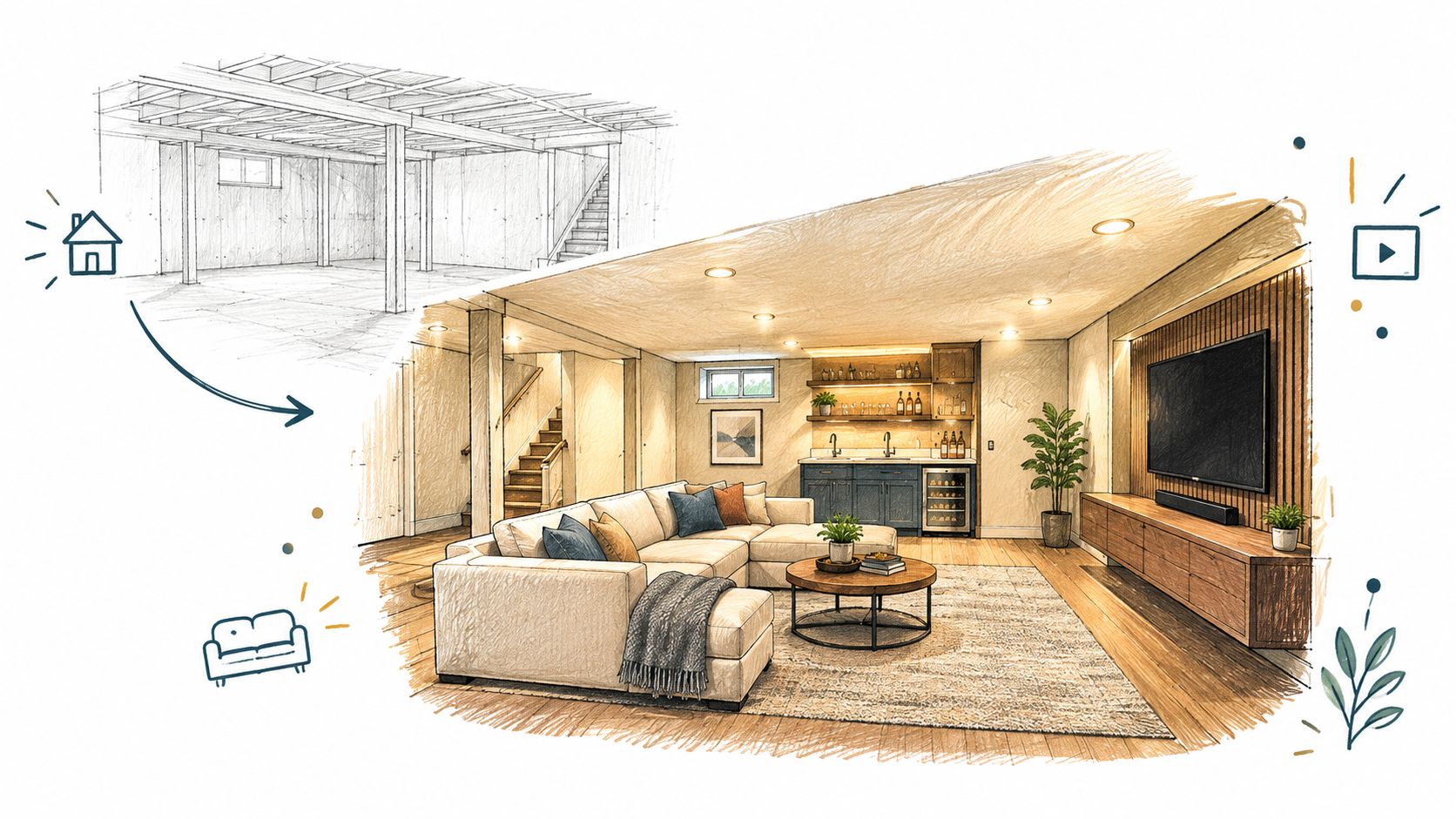 A split image showing an unfinished concrete basement contrasted with a completed, modern living room renovation.