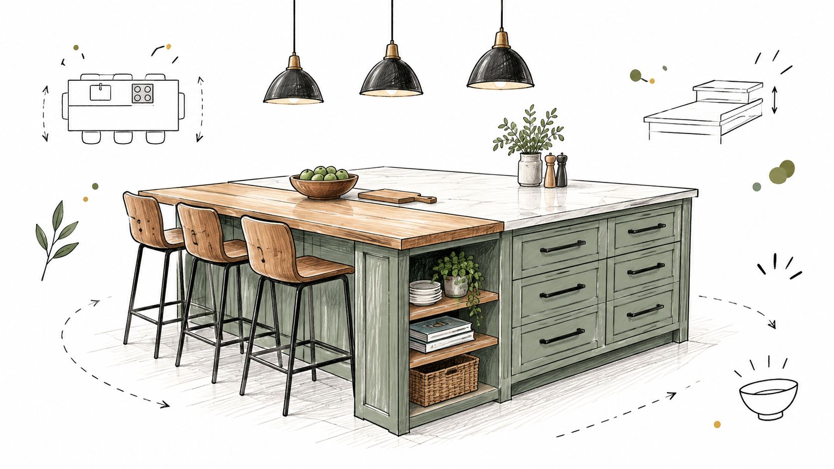 A sketched illustration of a modern kitchen island with wooden seating, marble countertops, and green storage cabinets.