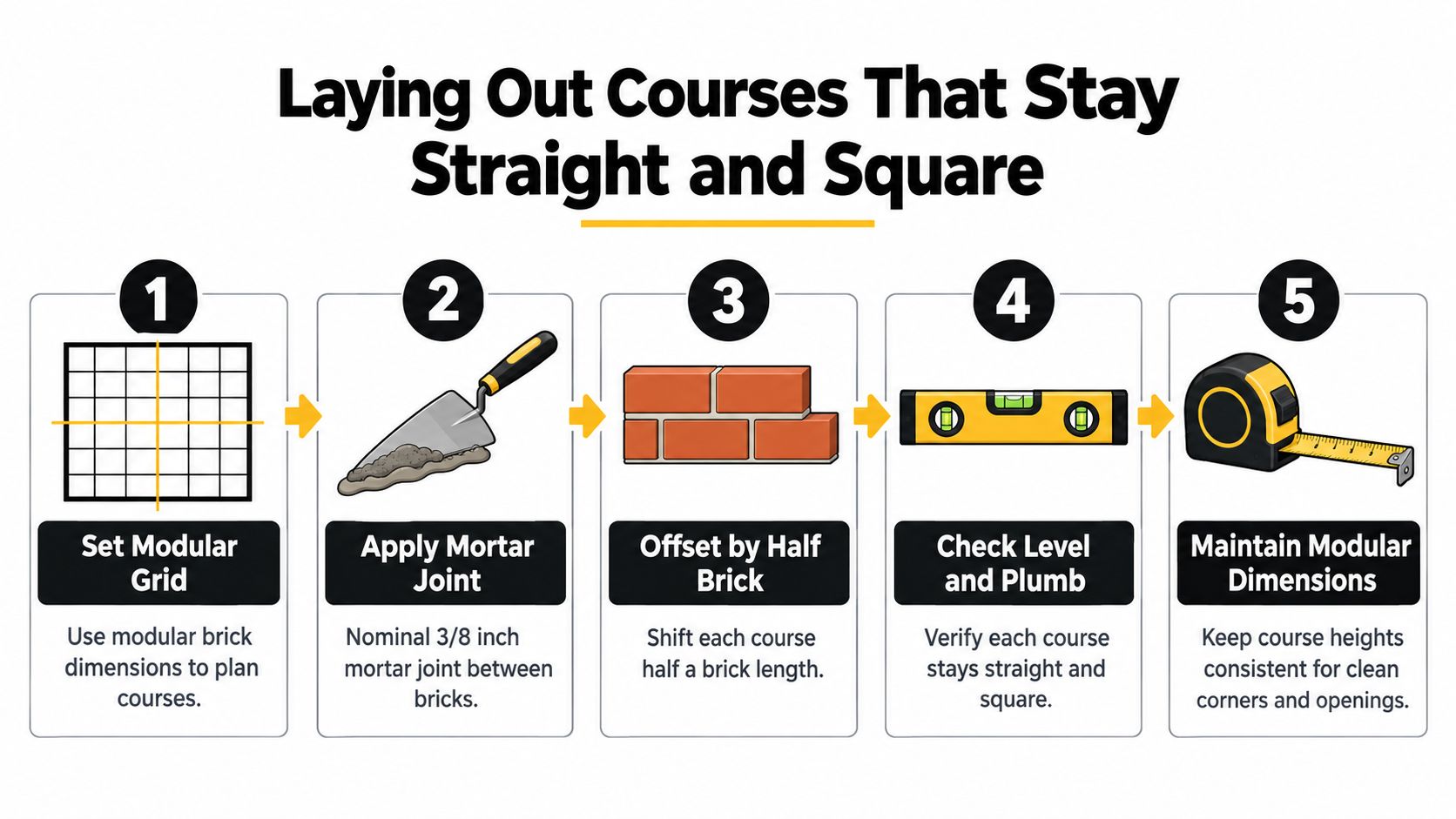 An infographic illustrating five steps for laying out straight and square brick courses using modular spacing.