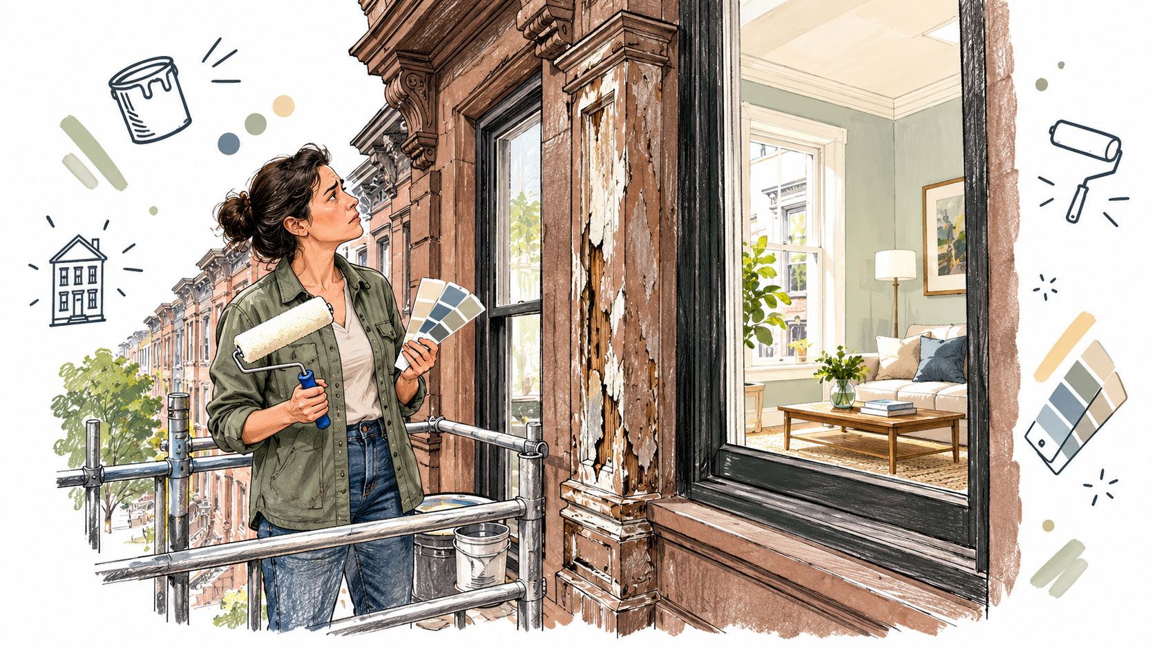 A woman on scaffolding holds paint swatches while looking at the peeling exterior of a historic building.