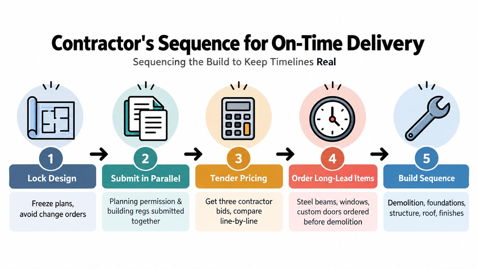 A five-step flowchart illustrating the professional contractor's sequence for ensuring on-time delivery for home construction projects.