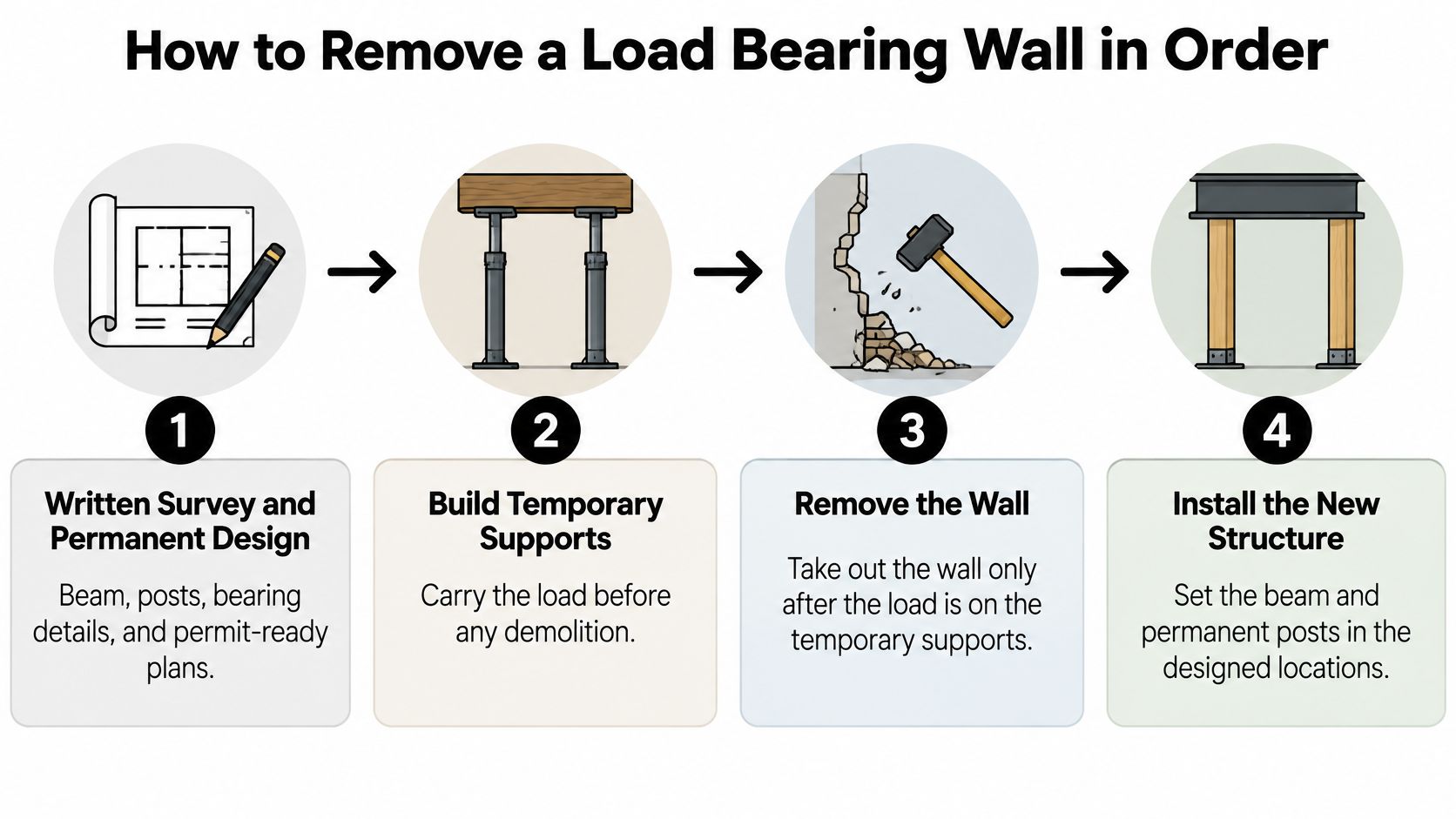 An infographic showing the four-step process for safely removing a load bearing wall in a home renovation project.