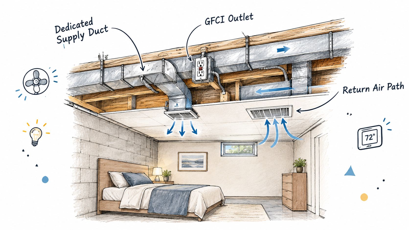 A cross-section illustration showing the HVAC supply and return ductwork installed in a finished basement bedroom ceiling.