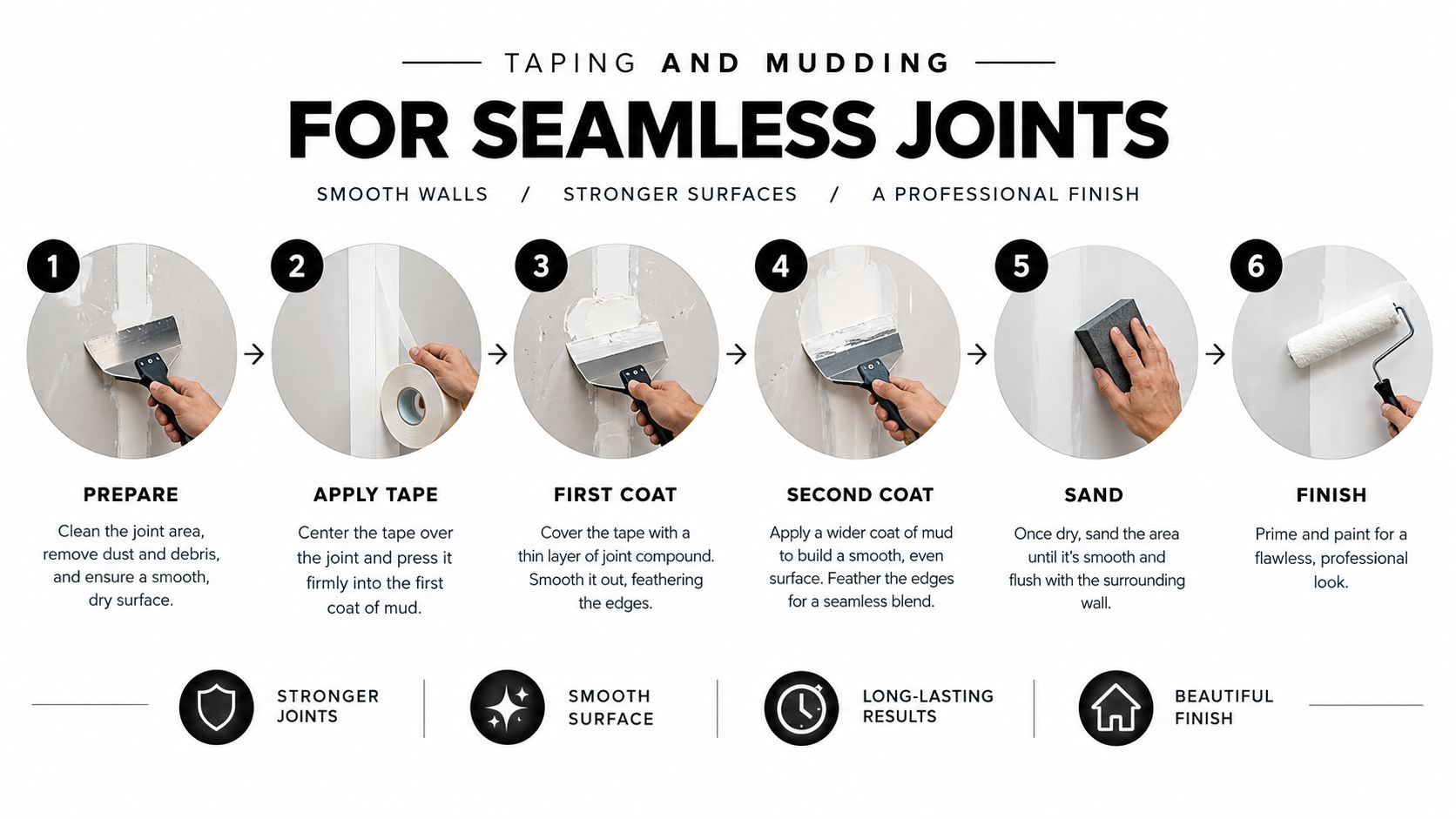 A six-step infographic showing the process of taping and mudding drywall joints for a professional wall finish.