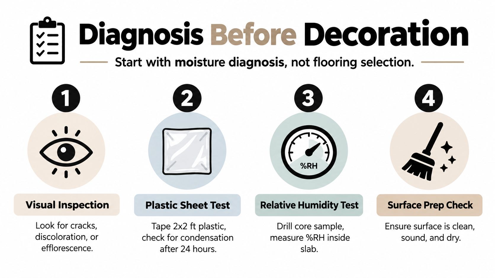 An infographic showing four essential moisture diagnosis steps for concrete flooring before beginning any decoration work.