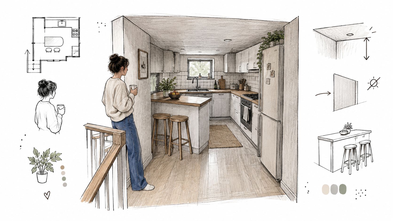 A hand-drawn illustration showing a split level home kitchen remodel with a woman holding a cup.