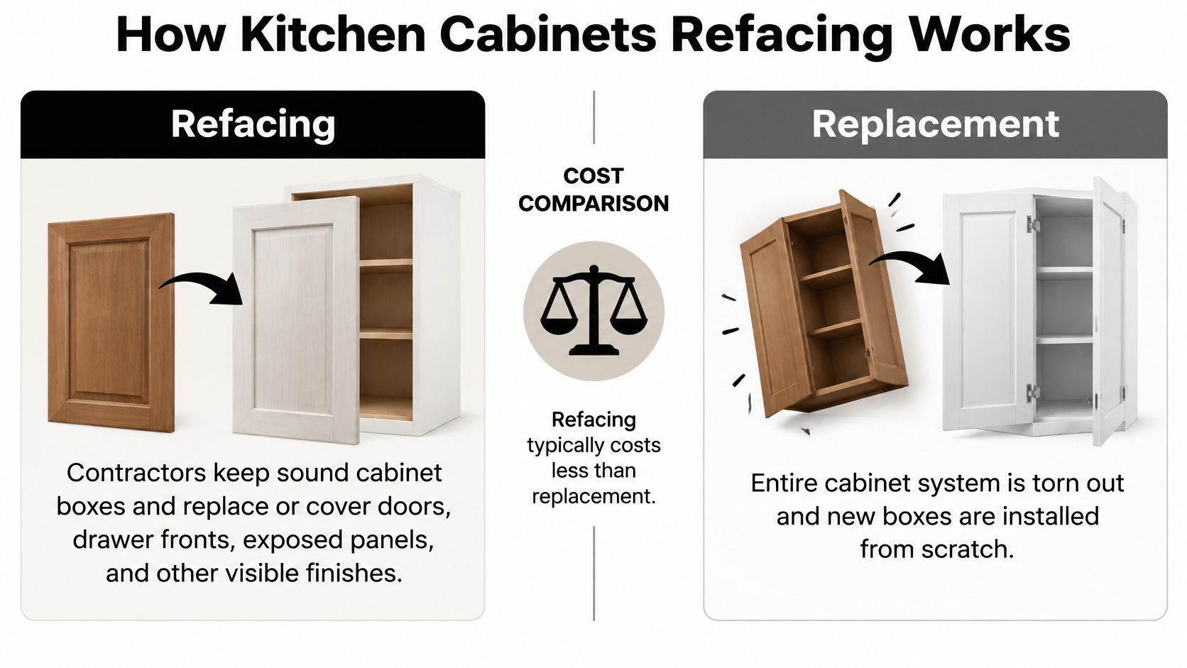 A comparison graphic showing the difference between cabinet refacing and full cabinet replacement for home kitchens.