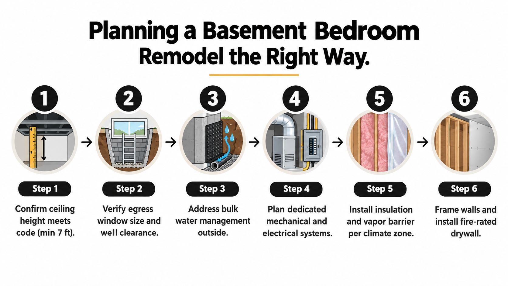 A six-step infographic illustrating the essential planning stages for a basement bedroom remodel project.