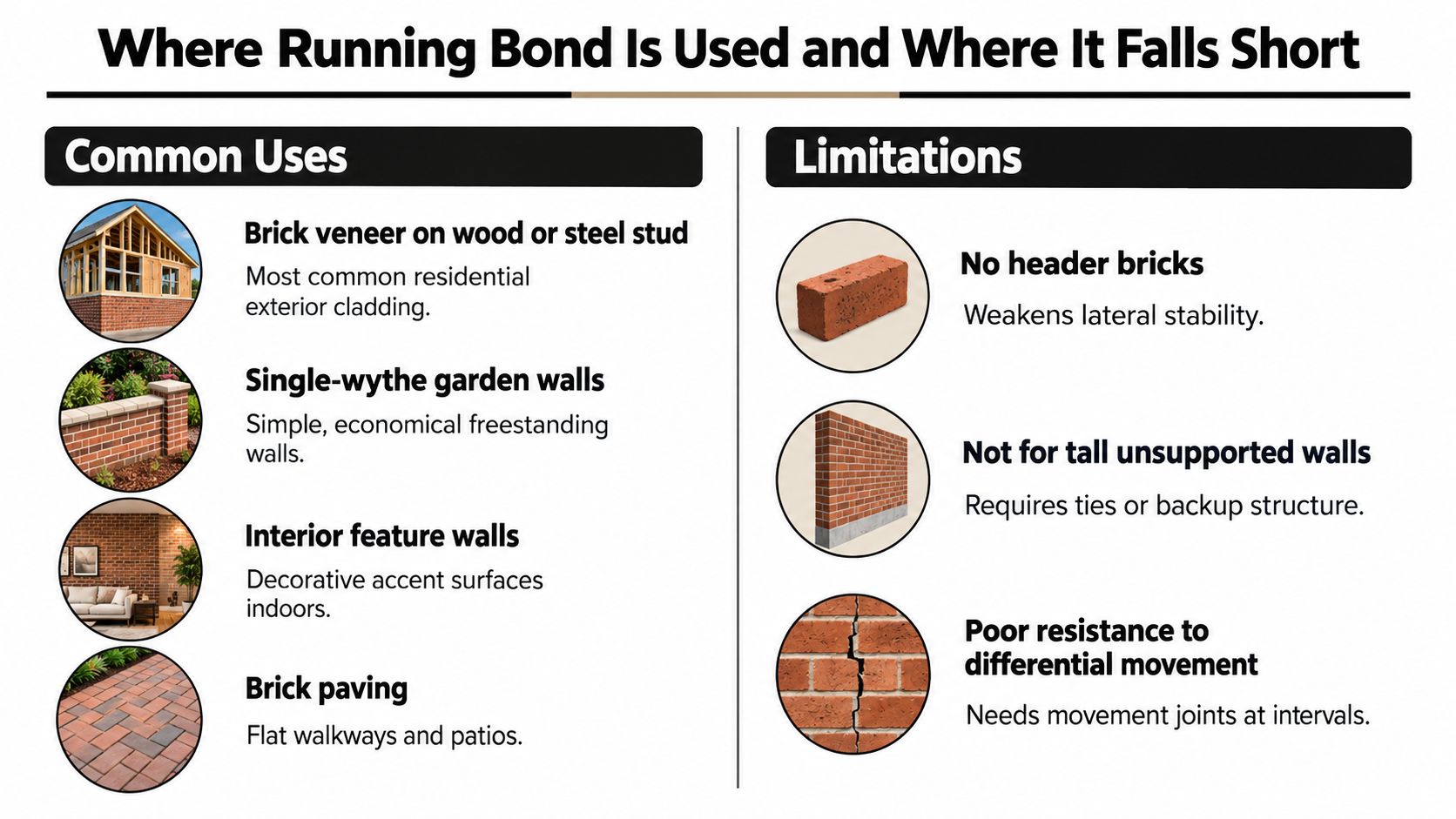 An infographic showing common uses of running bond brickwork versus its structural limitations and common construction drawbacks.