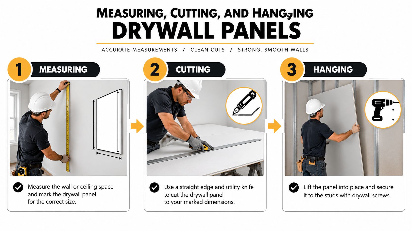A construction worker demonstrating the three essential steps of measuring, cutting, and hanging drywall panels on walls.