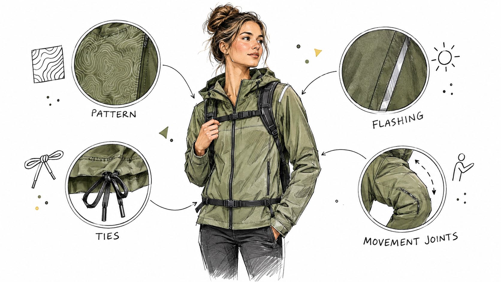 A woman wearing a green outdoor jacket with callouts highlighting the fabric pattern, flashing, ties, and joints.