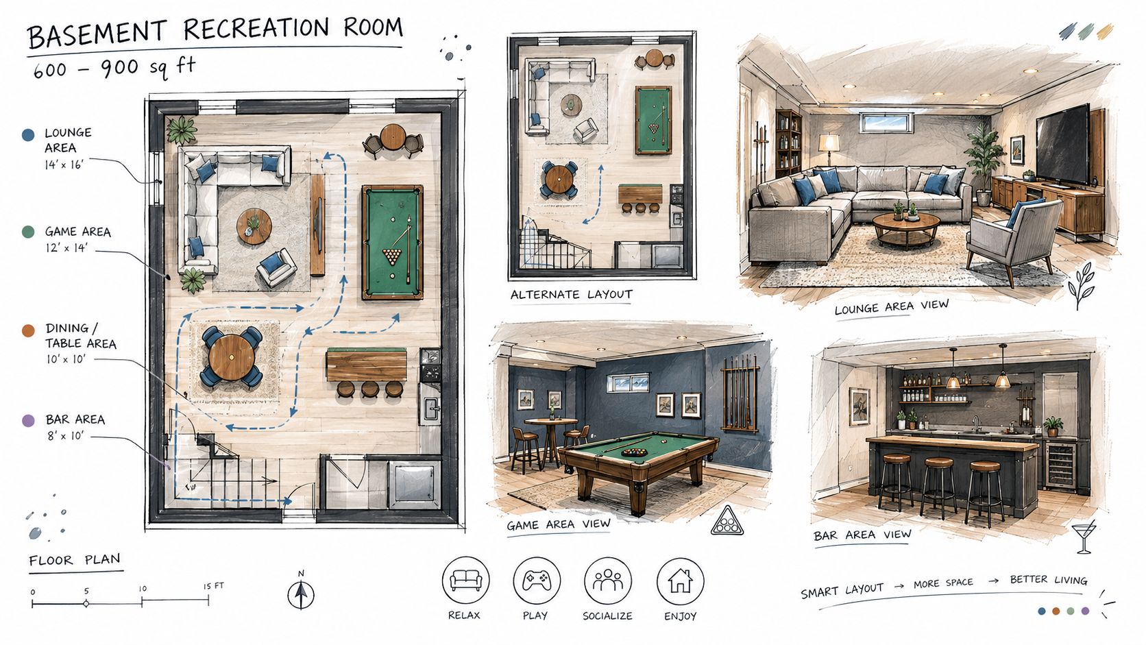 A detailed architectural floor plan and perspective renderings of a professionally designed finished basement recreation room.