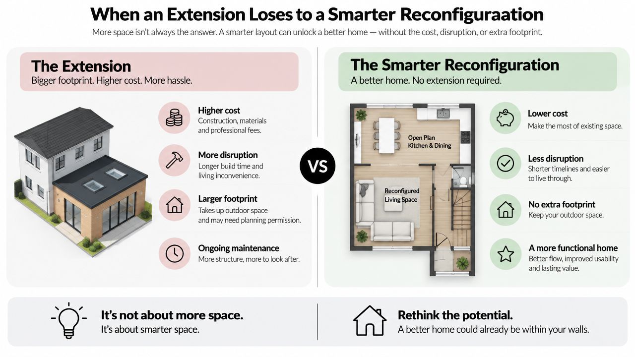 A comparative graphic showing the benefits of home interior reconfiguration over building a costly property extension.