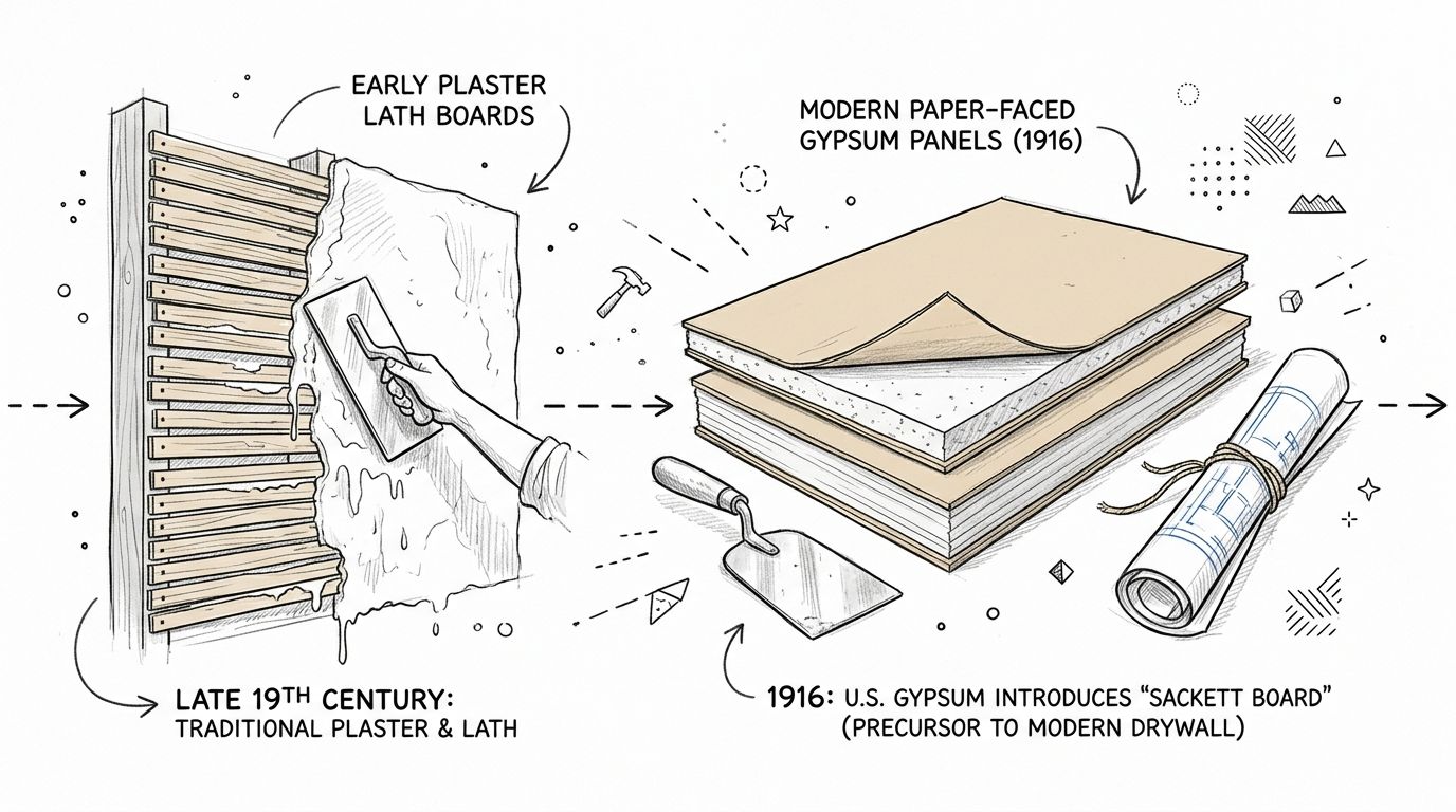 A hand-drawn illustration showing the evolution from traditional plaster and lath construction to modern paper-faced gypsum drywall panels.