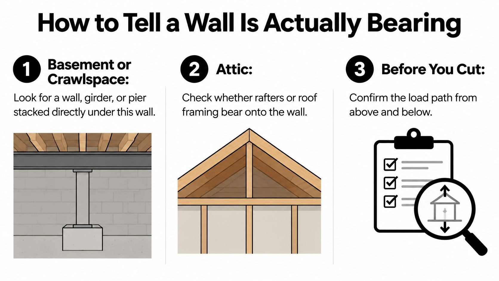 An infographic titled How to Tell a Wall Is Actually Bearing showing basement, attic, and inspection steps.